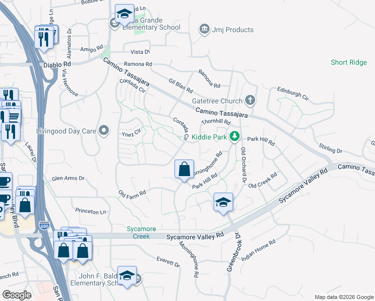map of restaurants, bars, coffee shops, grocery stores, and more near 205 Sabina Court in Danville