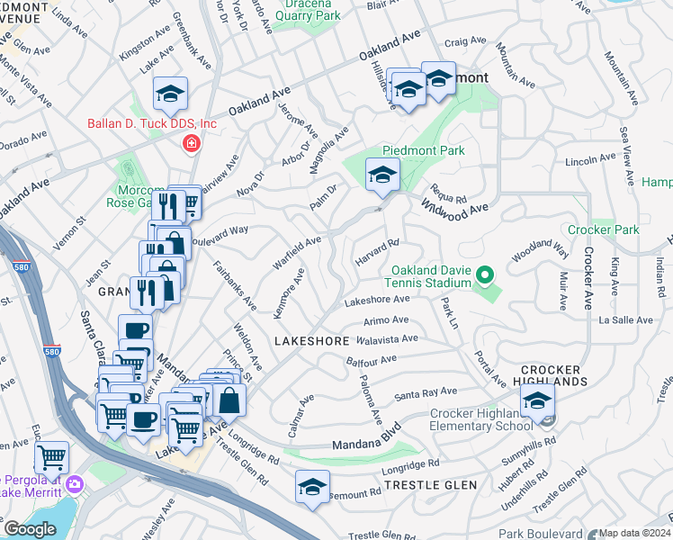 map of restaurants, bars, coffee shops, grocery stores, and more near 1034 Winsor Avenue in Piedmont