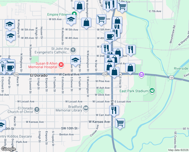 map of restaurants, bars, coffee shops, grocery stores, and more near 101 South Star Street in El Dorado