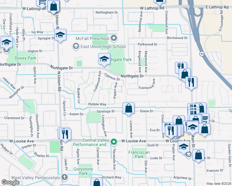 map of restaurants, bars, coffee shops, grocery stores, and more near 722 Range Court in Manteca