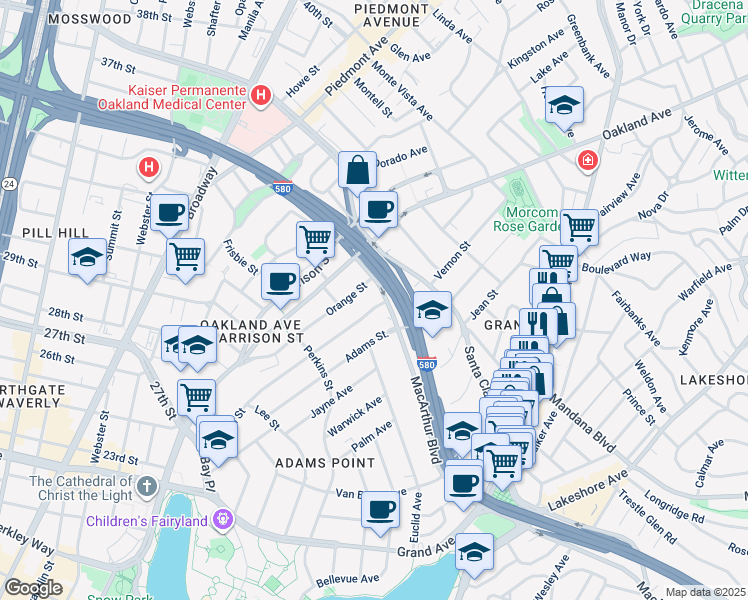 map of restaurants, bars, coffee shops, grocery stores, and more near 438 Vernon Street in Oakland
