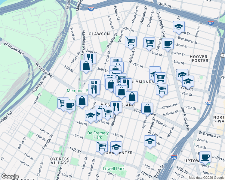 map of restaurants, bars, coffee shops, grocery stores, and more near 2236 Magnolia Street in Oakland