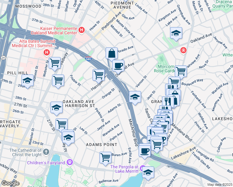 map of restaurants, bars, coffee shops, grocery stores, and more near 438 Vernon Street in Oakland