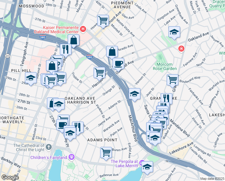 map of restaurants, bars, coffee shops, grocery stores, and more near in Oakland