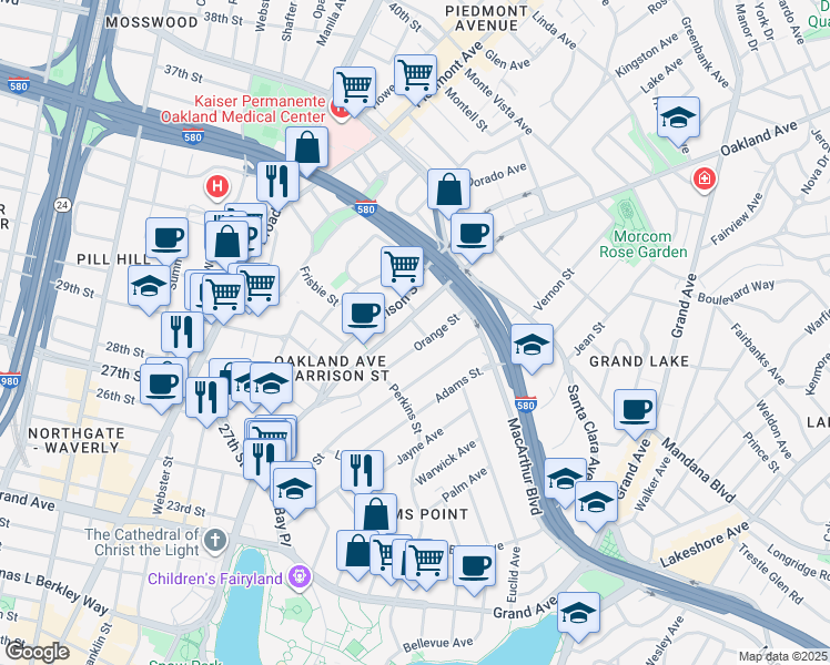map of restaurants, bars, coffee shops, grocery stores, and more near 377 Orange Street in Oakland