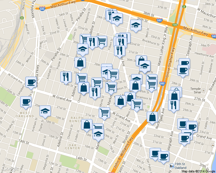 map of restaurants, bars, coffee shops, grocery stores, and more near 2424 Myrtle Street in Oakland