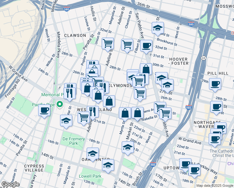 map of restaurants, bars, coffee shops, grocery stores, and more near 2249 Linden Street in Oakland