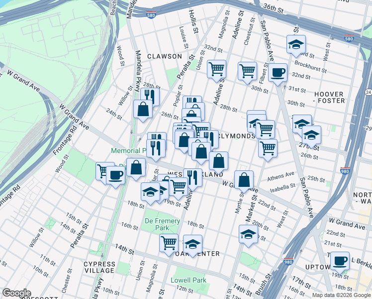 map of restaurants, bars, coffee shops, grocery stores, and more near 2236 Magnolia Street in Oakland