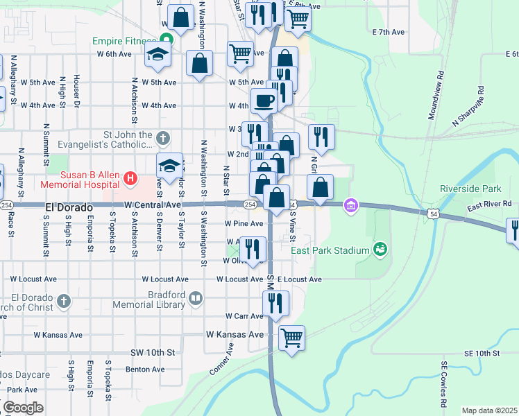 map of restaurants, bars, coffee shops, grocery stores, and more near 115 West Pine Avenue in El Dorado