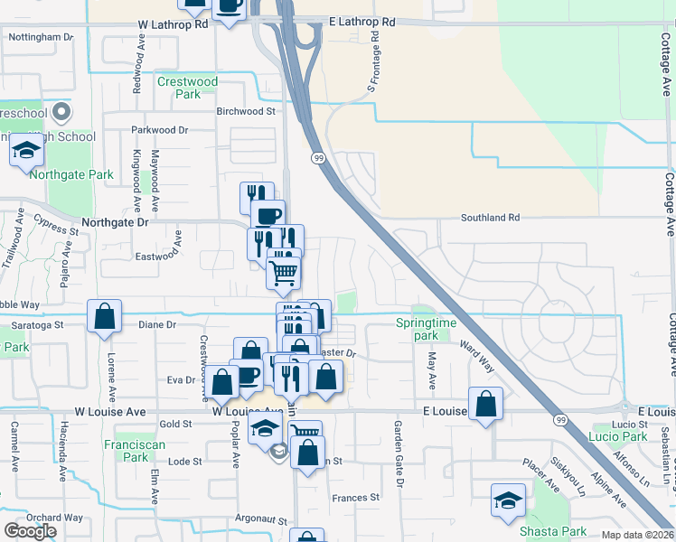 map of restaurants, bars, coffee shops, grocery stores, and more near 1375 Andrew Ln in Manteca