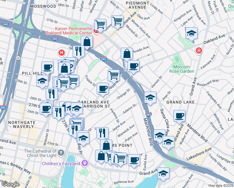 map of restaurants, bars, coffee shops, grocery stores, and more near 377 Orange Street in Oakland