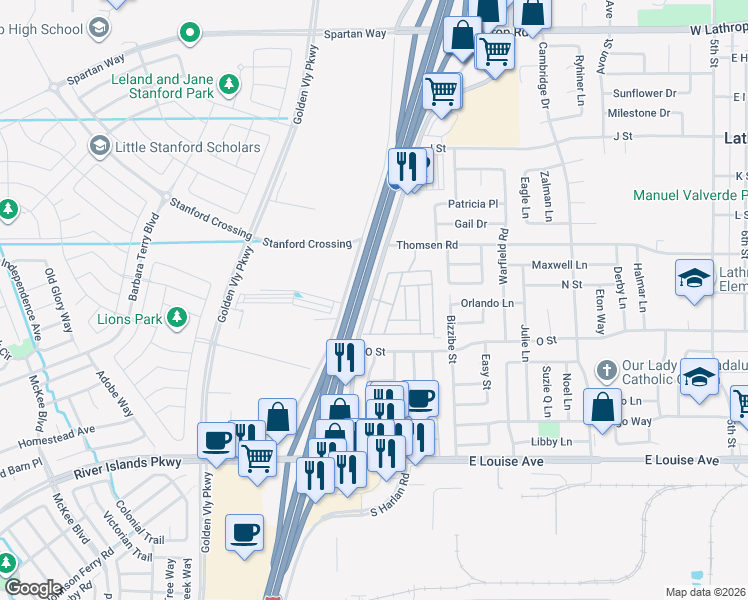 map of restaurants, bars, coffee shops, grocery stores, and more near 15820 South Harlan Road in Lathrop