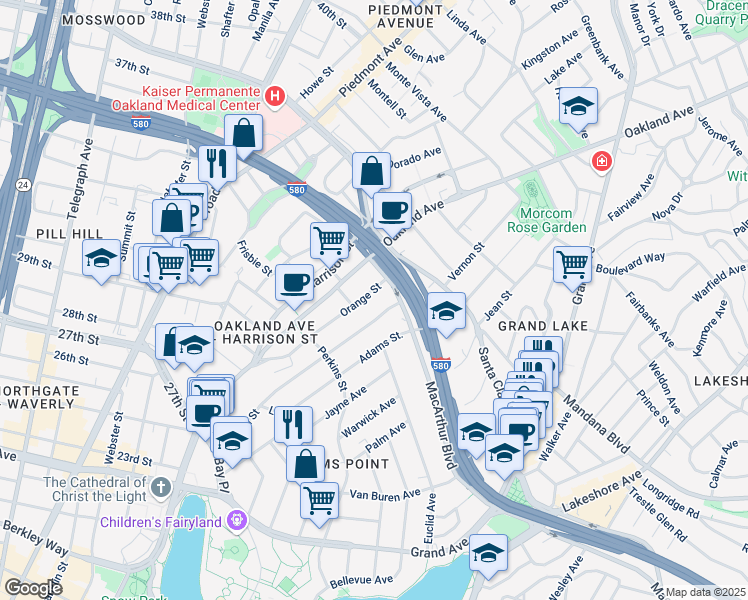 map of restaurants, bars, coffee shops, grocery stores, and more near in Oakland