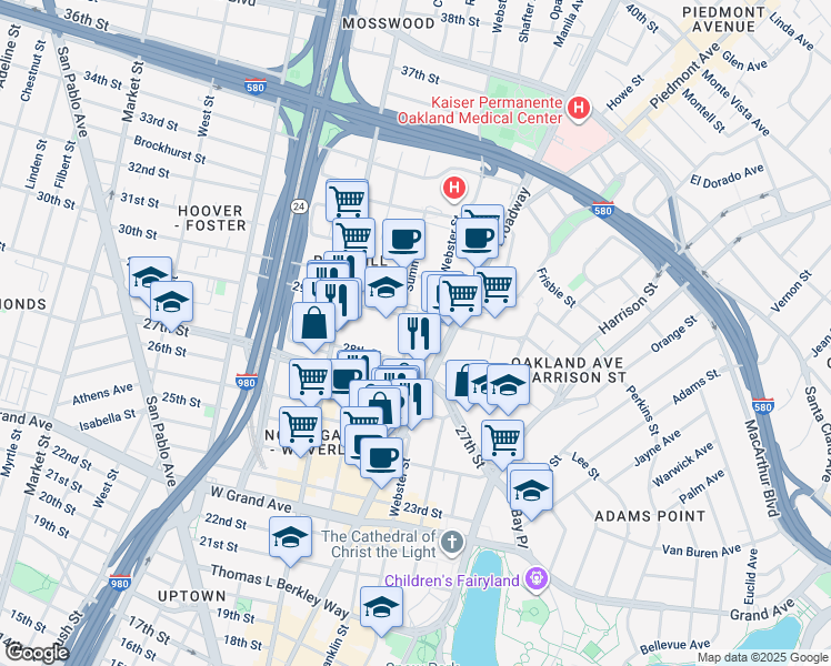 map of restaurants, bars, coffee shops, grocery stores, and more near 2832 Summit Street in Oakland