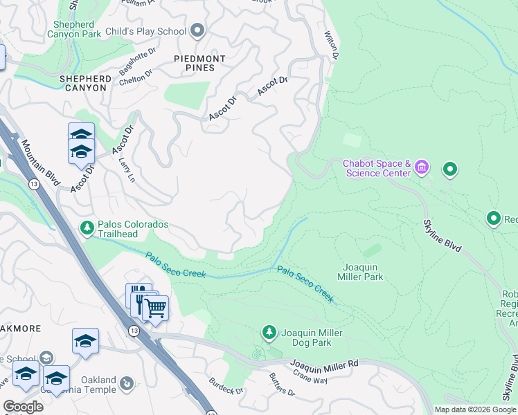 map of restaurants, bars, coffee shops, grocery stores, and more near 18 Cornwall Court in Oakland