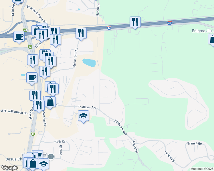 map of restaurants, bars, coffee shops, grocery stores, and more near 105 Meadow Lane in Saint Robert