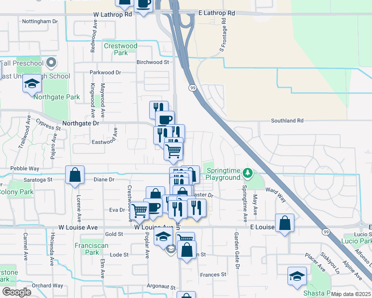 map of restaurants, bars, coffee shops, grocery stores, and more near 1300-1398 N Main St in Manteca