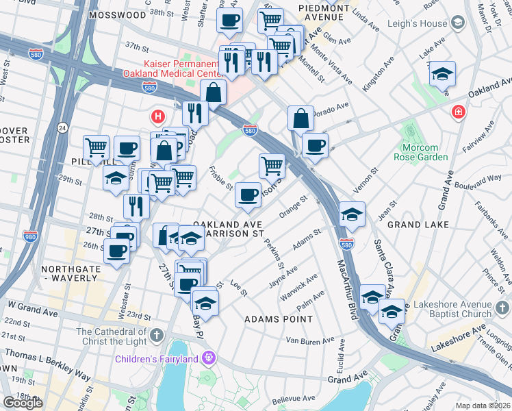 map of restaurants, bars, coffee shops, grocery stores, and more near in Oakland