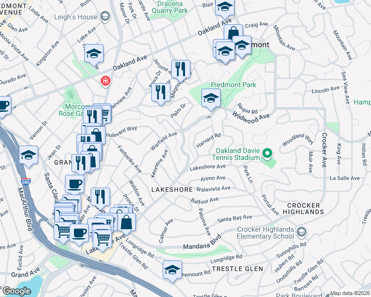 map of restaurants, bars, coffee shops, grocery stores, and more near 1128 Warfield Avenue in Piedmont