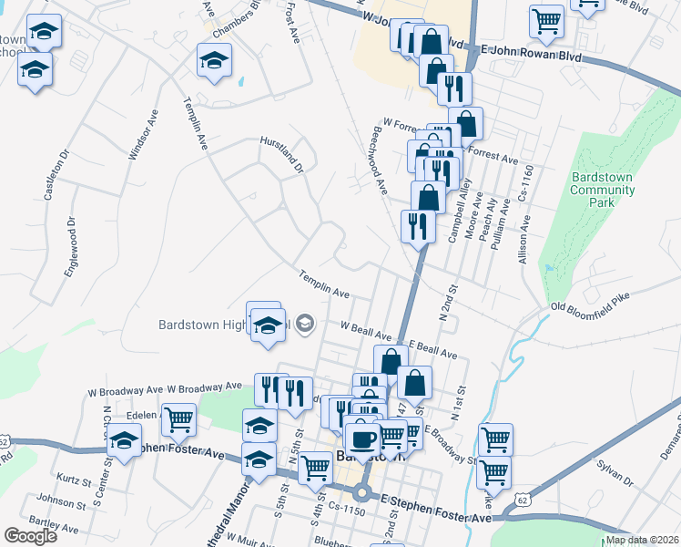 map of restaurants, bars, coffee shops, grocery stores, and more near 108 Arrow Trail in Bardstown