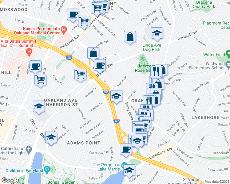 map of restaurants, bars, coffee shops, grocery stores, and more near 217 Santa Clara Avenue in Oakland