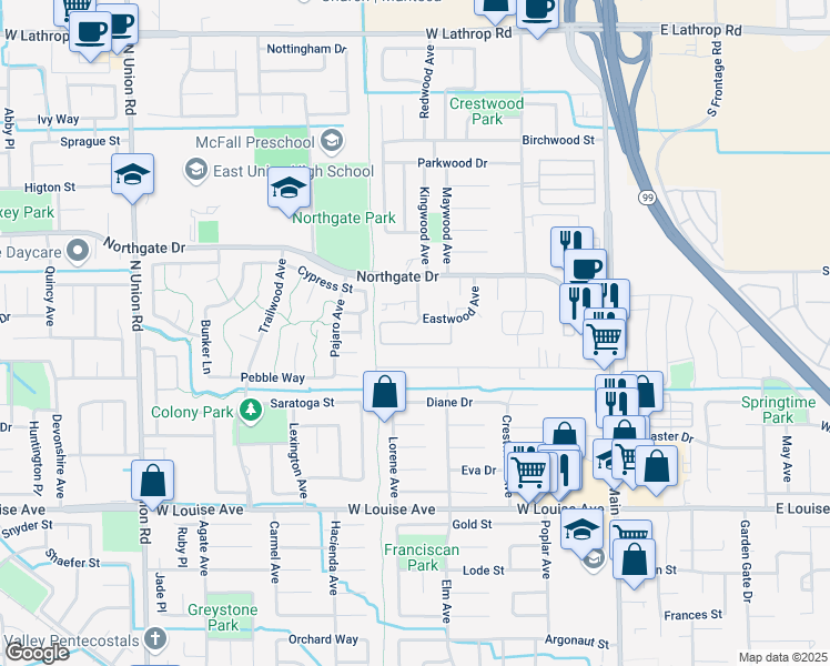 map of restaurants, bars, coffee shops, grocery stores, and more near 1405 Stonewood Avenue in Manteca