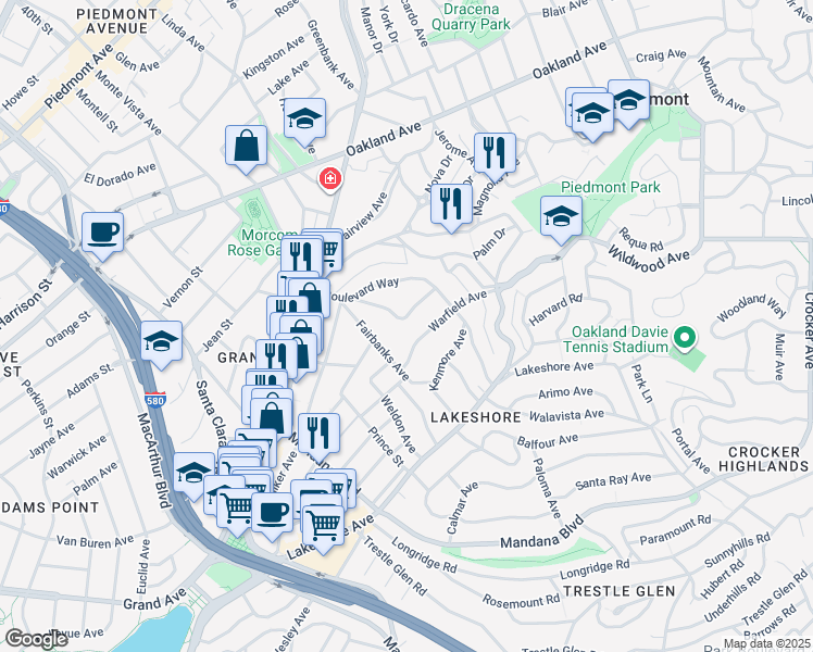map of restaurants, bars, coffee shops, grocery stores, and more near 552 Crofton Avenue in Oakland