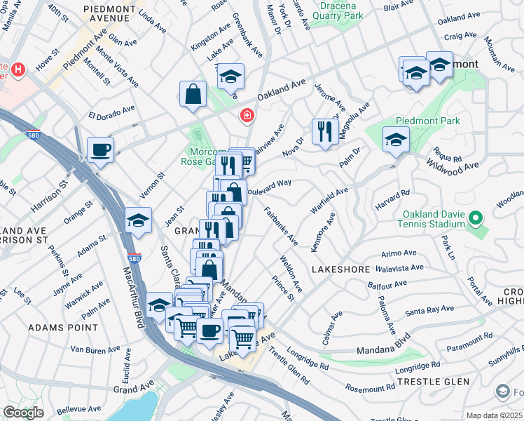 map of restaurants, bars, coffee shops, grocery stores, and more near 1073 Walker Avenue in Oakland