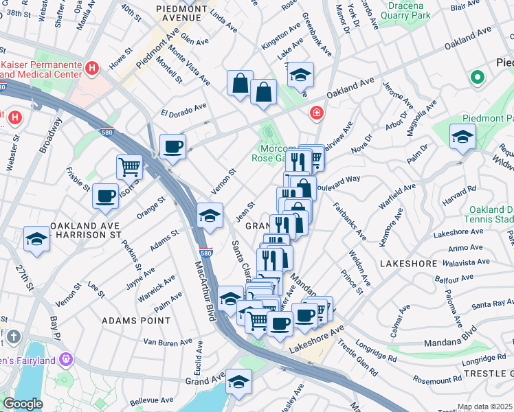 map of restaurants, bars, coffee shops, grocery stores, and more near 249 Santa Rosa Avenue in Oakland
