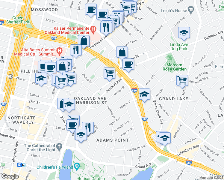 map of restaurants, bars, coffee shops, grocery stores, and more near 3210 Harrison Street in Oakland