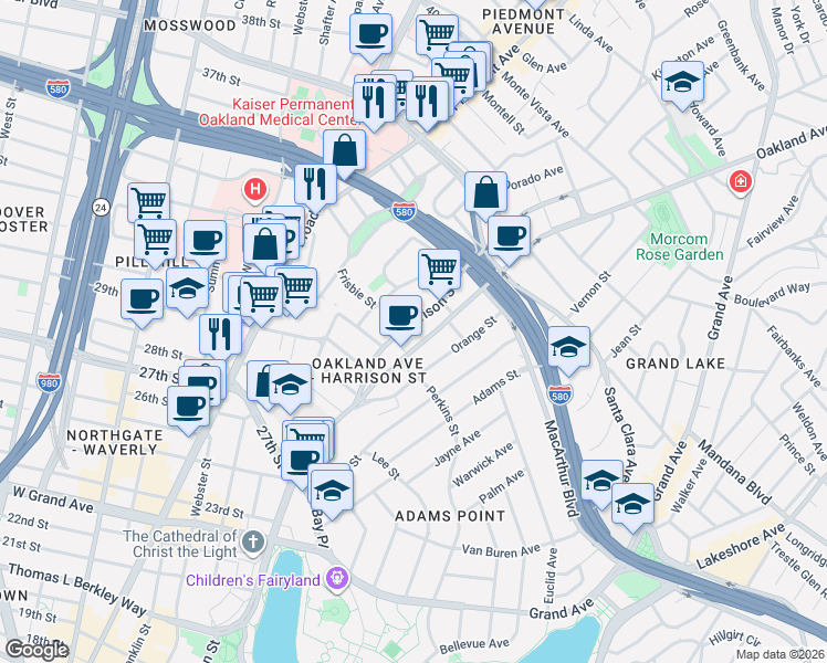 map of restaurants, bars, coffee shops, grocery stores, and more near in Oakland