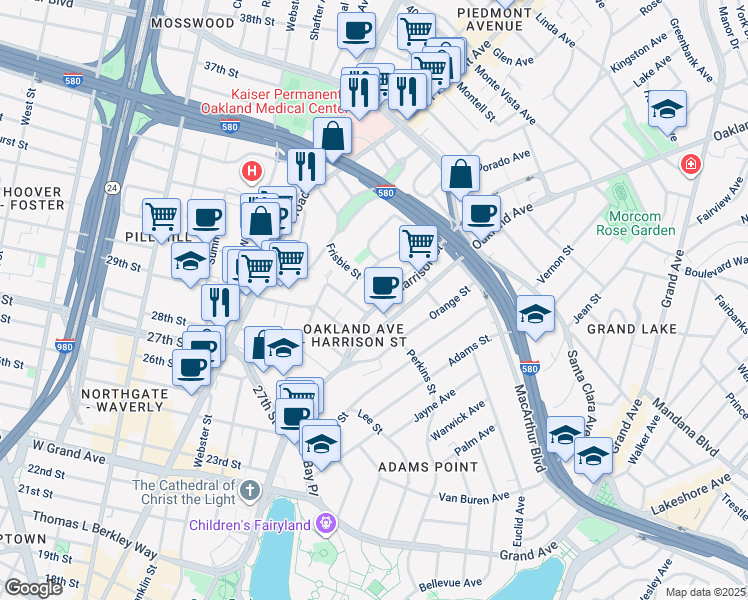 map of restaurants, bars, coffee shops, grocery stores, and more near in Oakland