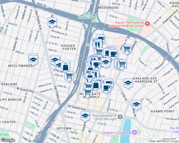 map of restaurants, bars, coffee shops, grocery stores, and more near 2831 Telegraph Avenue in Oakland