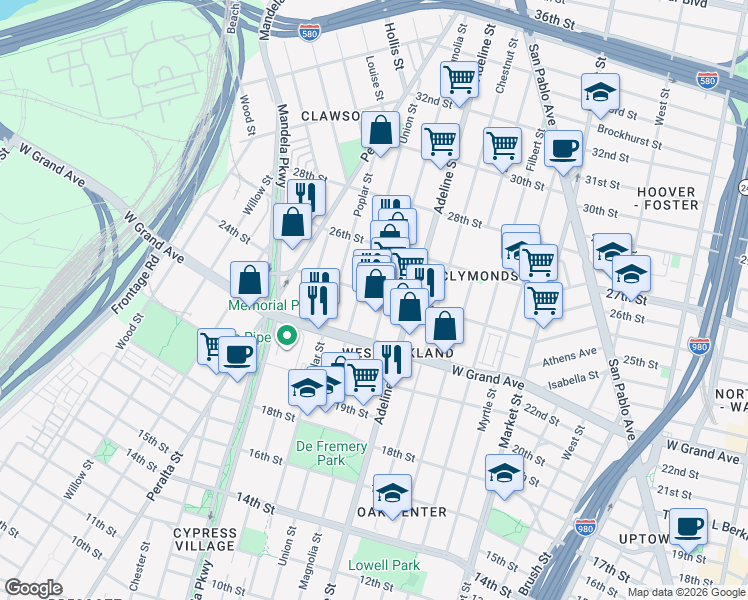map of restaurants, bars, coffee shops, grocery stores, and more near 2420 Magnolia Street in Oakland