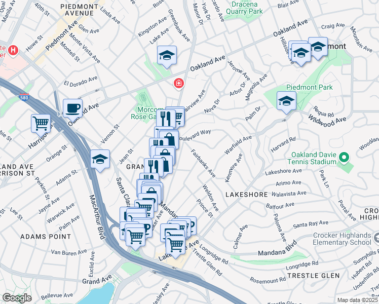 map of restaurants, bars, coffee shops, grocery stores, and more near 491 Fairbanks Avenue in Oakland