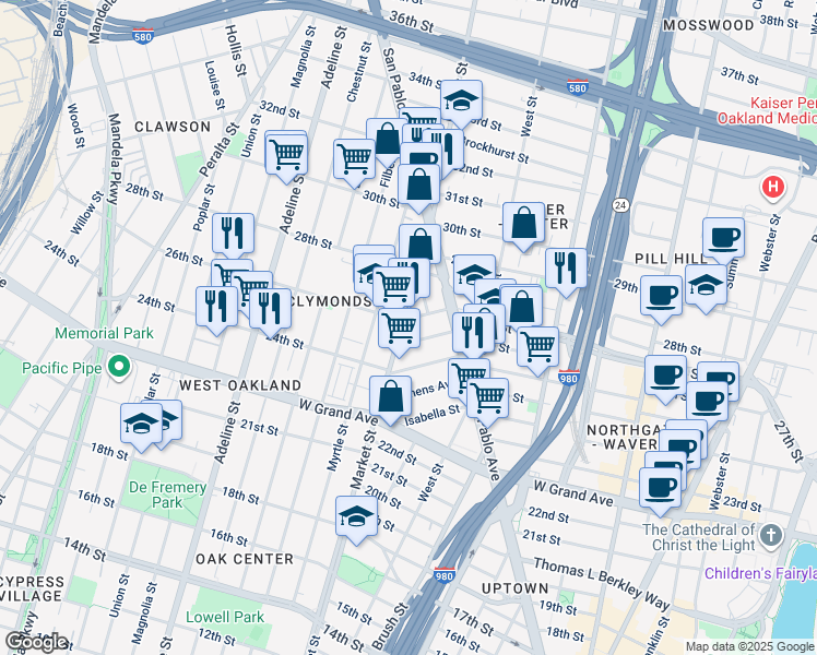 map of restaurants, bars, coffee shops, grocery stores, and more near 2530 Market Street in Oakland