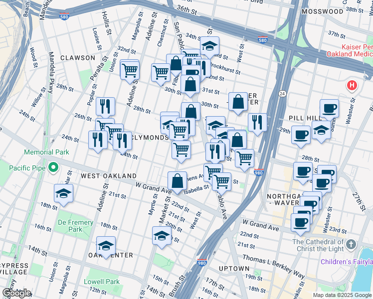 map of restaurants, bars, coffee shops, grocery stores, and more near 2530 Market Street in Oakland