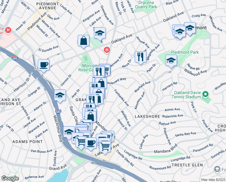 map of restaurants, bars, coffee shops, grocery stores, and more near 1073 Walker Avenue in Oakland