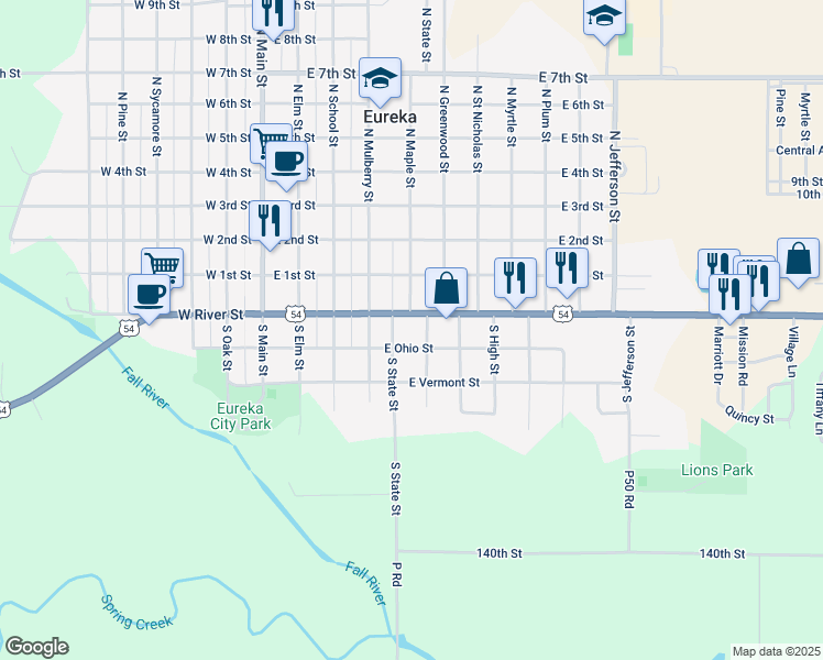 map of restaurants, bars, coffee shops, grocery stores, and more near 500-512 East River Street in Eureka