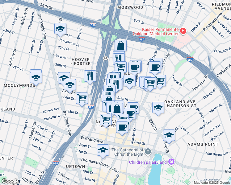 map of restaurants, bars, coffee shops, grocery stores, and more near Telegraph Ave & 28th St in Oakland