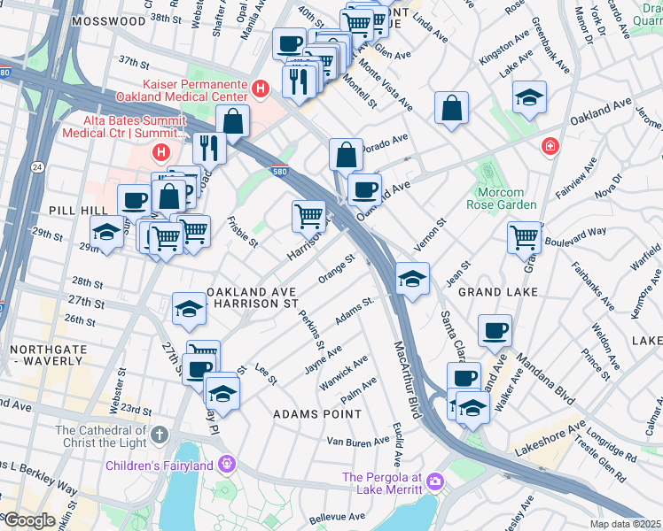 map of restaurants, bars, coffee shops, grocery stores, and more near in Piedmont