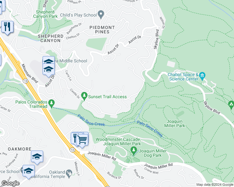 map of restaurants, bars, coffee shops, grocery stores, and more near 6145 Castle Drive in Oakland