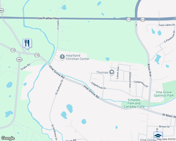 map of restaurants, bars, coffee shops, grocery stores, and more near 206 Creekvale Drive in Vine Grove