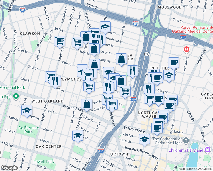 map of restaurants, bars, coffee shops, grocery stores, and more near 2710 San Pablo Avenue in Oakland