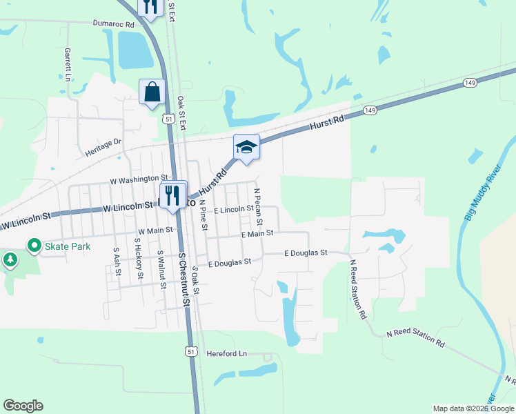 map of restaurants, bars, coffee shops, grocery stores, and more near 198 North Pecan Street in De Soto