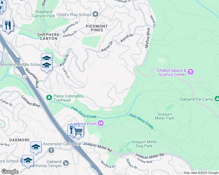 map of restaurants, bars, coffee shops, grocery stores, and more near 6145 Castle Drive in Oakland