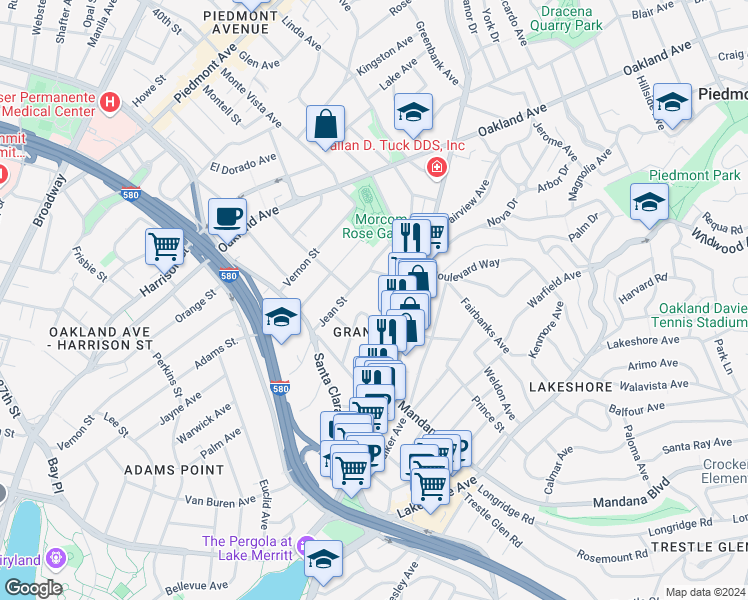 map of restaurants, bars, coffee shops, grocery stores, and more near 624 Jean Street in Oakland