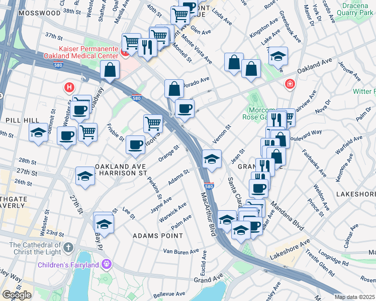 map of restaurants, bars, coffee shops, grocery stores, and more near 166 Santa Clara Avenue in Oakland