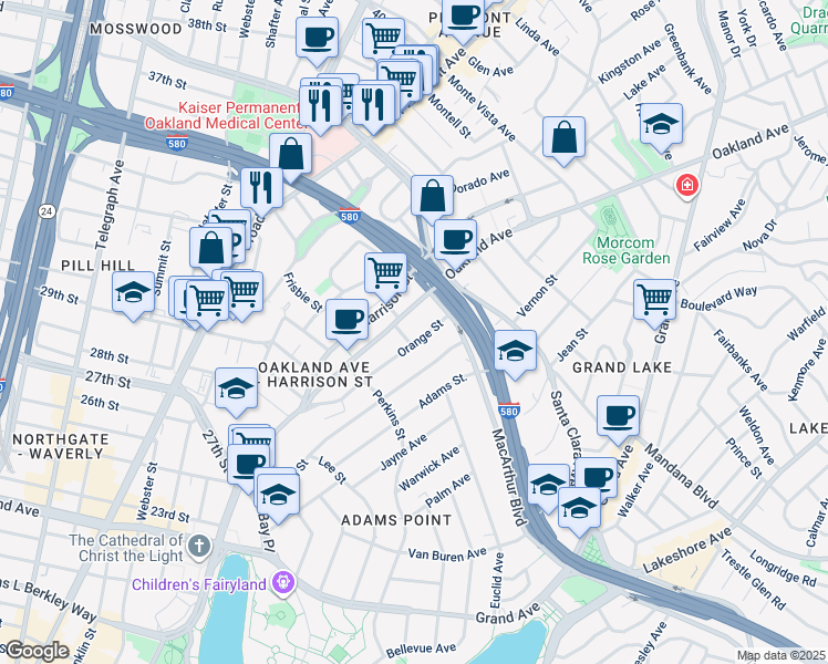 map of restaurants, bars, coffee shops, grocery stores, and more near 430 Oakland Avenue in Oakland