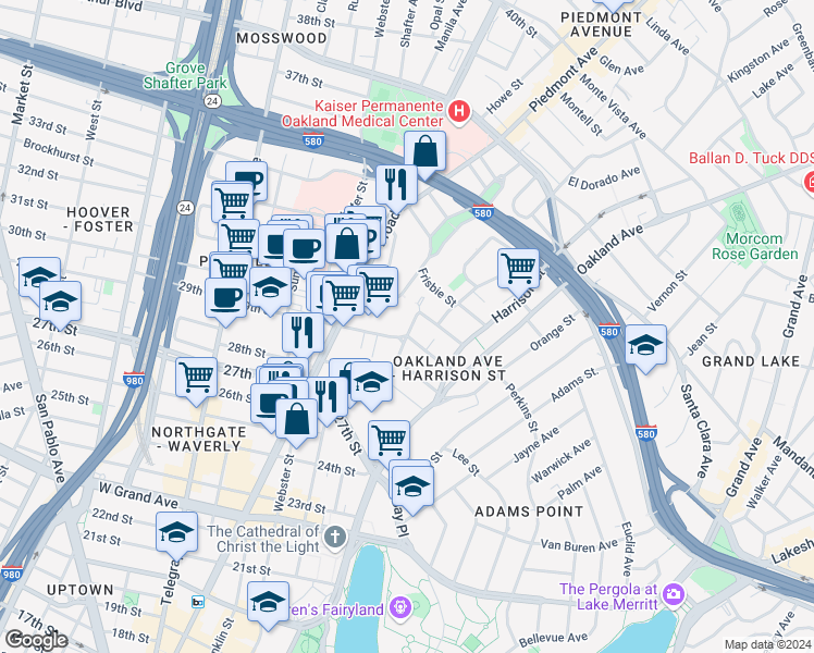 map of restaurants, bars, coffee shops, grocery stores, and more near 235 30th Street in Oakland
